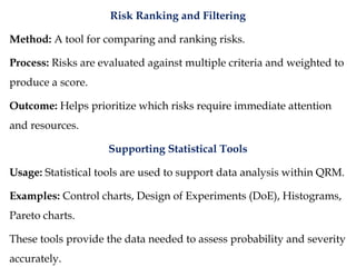Risk Ranking and Filtering
Method: A tool for comparing and ranking risks.
Process: Risks are evaluated against multiple criteria and weighted to
produce a score.
Outcome: Helps prioritize which risks require immediate attention
and resources.
Supporting Statistical Tools
Usage: Statistical tools are used to support data analysis within QRM.
Examples: Control charts, Design of Experiments (DoE), Histograms,
Pareto charts.
These tools provide the data needed to assess probability and severity
accurately.
 