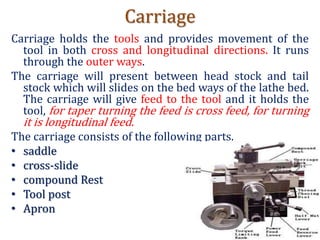 Carriage
Carriage holds the tools and provides movement of the
tool in both cross and longitudinal directions. It runs
through the outer ways.
The carriage will present between head stock and tail
stock which will slides on the bed ways of the lathe bed.
The carriage will give feed to the tool and it holds the
tool, for taper turning the feed is cross feed, for turning
it is longitudinal feed.
The carriage consists of the following parts.
• saddle
• cross-slide
• compound Rest
• Tool post
• Apron
 