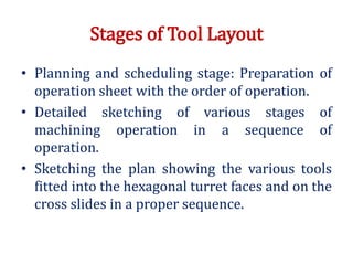 Stages of Tool Layout
• Planning and scheduling stage: Preparation of
operation sheet with the order of operation.
• Detailed sketching of various stages of
machining operation in a sequence of
operation.
• Sketching the plan showing the various tools
fitted into the hexagonal turret faces and on the
cross slides in a proper sequence.
 