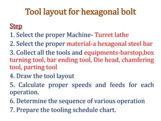 Tool layout for hexagonal bolt
Step
1. Select the proper Machine- Turret lathe
2. Select the proper material-a hexagonal steel bar
3. Collect all the tools and equipments-barstop,box
turning tool, bar ending tool, Die head, chamfering
tool, parting tool
4. Draw the tool layout
5. Calculate proper speeds and feeds for each
operation.
6. Determine the sequence of various operation
7. Prepare the tooling schedule chart.
 