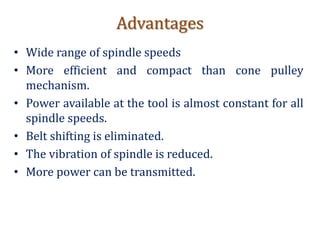 Advantages
• Wide range of spindle speeds
• More efficient and compact than cone pulley
mechanism.
• Power available at the tool is almost constant for all
spindle speeds.
• Belt shifting is eliminated.
• The vibration of spindle is reduced.
• More power can be transmitted.
 
