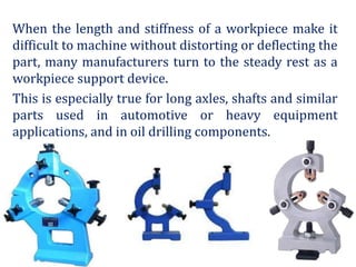 When the length and stiffness of a workpiece make it
difficult to machine without distorting or deflecting the
part, many manufacturers turn to the steady rest as a
workpiece support device.
This is especially true for long axles, shafts and similar
parts used in automotive or heavy equipment
applications, and in oil drilling components.
 