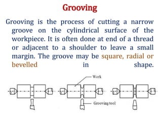 Grooving
Grooving is the process of cutting a narrow
groove on the cylindrical surface of the
workpiece. It is often done at end of a thread
or adjacent to a shoulder to leave a small
margin. The groove may be square, radial or
bevelled in shape.
 