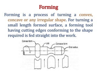 Forming
Forming is a process of turning a convex,
concave or any irregular shape. For turning a
small length formed surface, a forming tool
having cutting edges conforming to the shape
required is fed straight into the work.
 