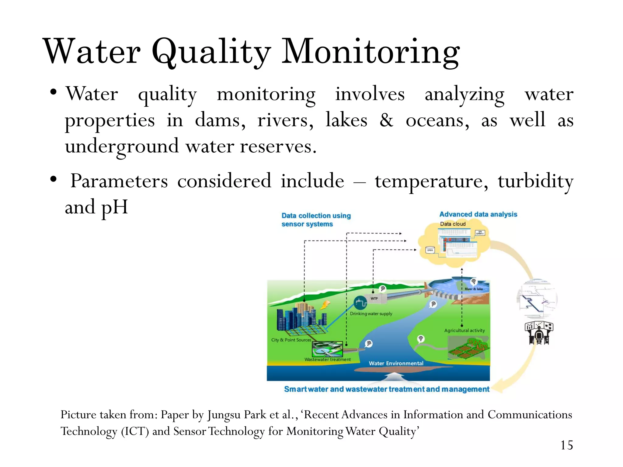 Water Quality Monitoring • Water quality monitoring involves analyzing water properties in dams, rivers, lakes & oceans, as well as underground water reserves. • Parameters considered include – temperature, turbidity and pH Picture taken from: Paper by Jungsu Park et al.,‘Recent Advances in Information and Communications Technology (ICT) and SensorTechnology for MonitoringWater Quality’ 15 