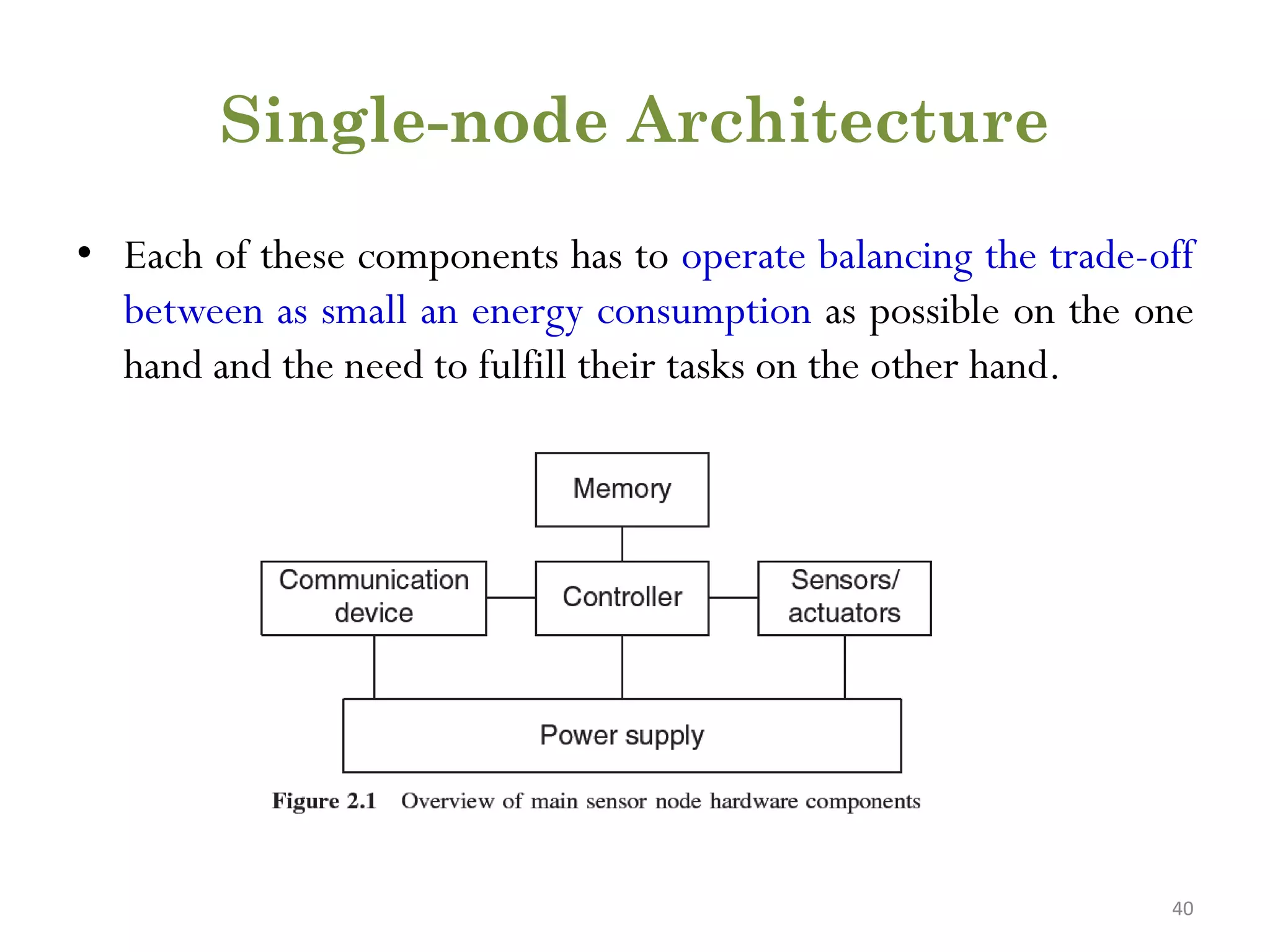 Single-node Architecture • Each of these components has to operate balancing the trade-off between as small an energy consumption as possible on the one hand and the need to fulfill their tasks on the other hand. 40 