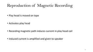 Reproduction of Magnetic Recording
43
• Play head is moved on tape
• Activates play head
• Recording magnetic path induces current in play head coil
• Induced current is amplified and given to speaker
 