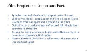 Film Projector – Important Parts
90
• Sprocket: toothed wheels and transport system for reel
• Spools: two spools – supply spool and take-up spool. Reel is
unwound from one spool and is wound on the other
• Optical System: produces beam of focused light that falls on
sound track of the film
• Carbon Arc Lamp: produces a bright parallel beam of light to
be reflected towards optical system
• Photo Cell/Photo Diode: Photo cell converts the input signal
into electrical signal
 