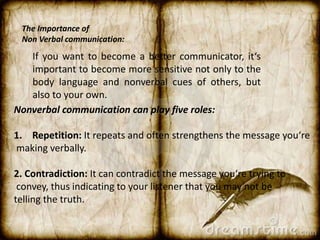 The Importance of
Non Verbal communication:
If you want to become a better communicator, it‘s
important to become more sensitive not only to the
body language and nonverbal cues of others, but
also to your own.
Nonverbal communication can play five roles:
1. Repetition: It repeats and often strengthens the message you‘re
making verbally.
2. Contradiction: It can contradict the message you‘re trying to
convey, thus indicating to your listener that you may not be
telling the truth.
 