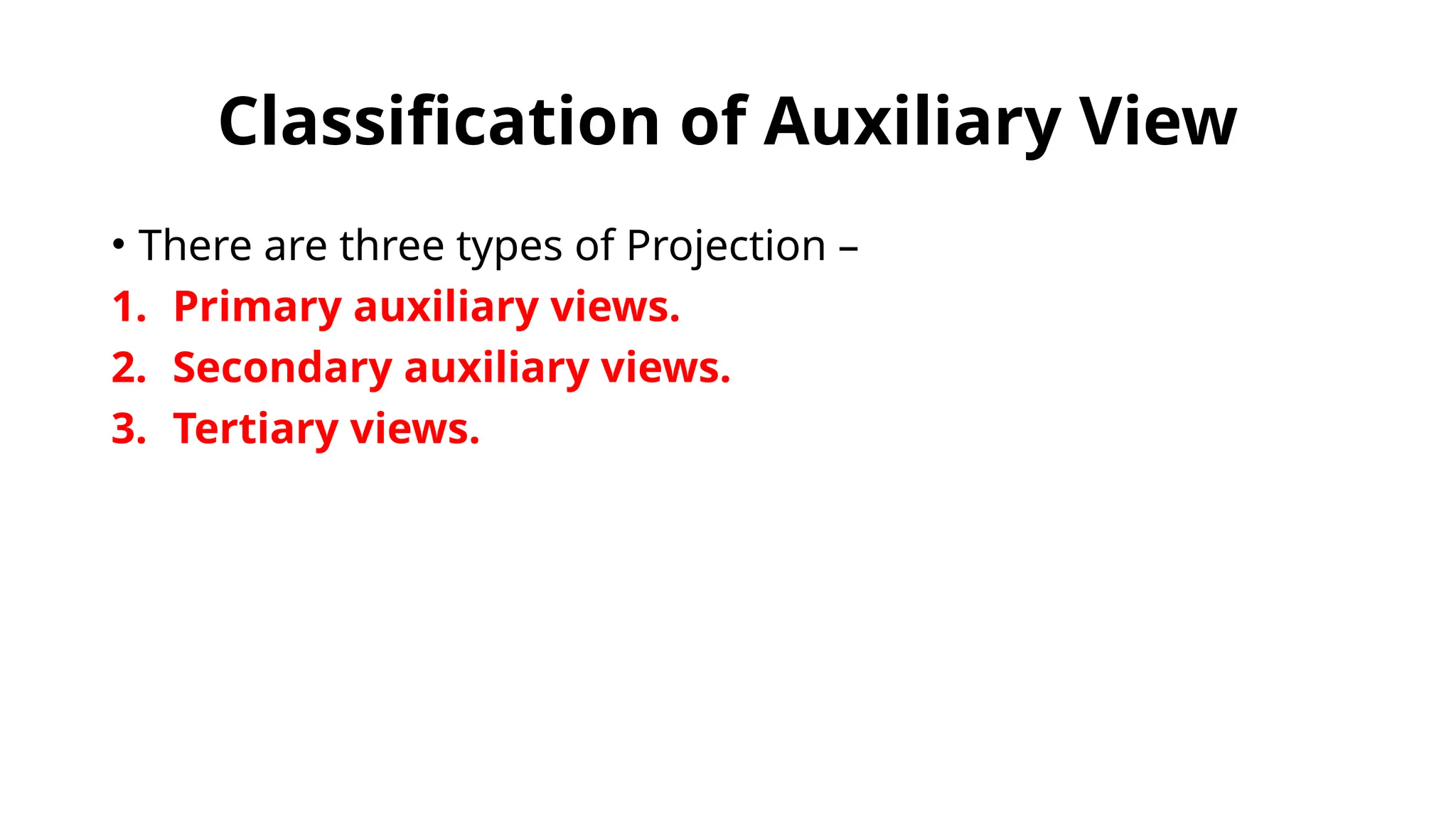 Classification of Auxiliary View
• There are three types of Projection –
1. Primary auxiliary views.
2. Secondary auxiliary views.
3. Tertiary views.
 