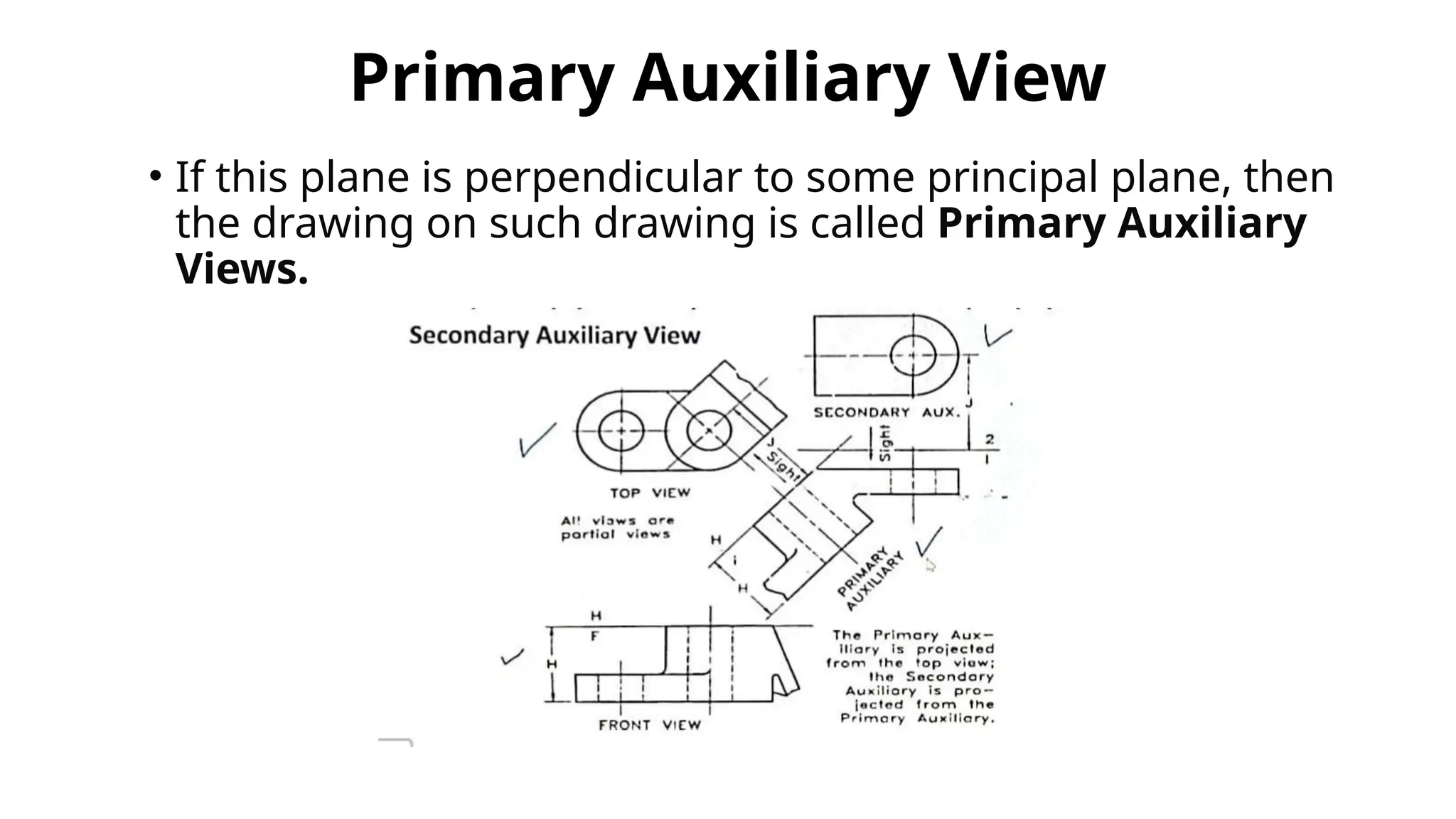 Primary Auxiliary View
• If this plane is perpendicular to some principal plane, then
the drawing on such drawing is called Primary Auxiliary
Views.
 