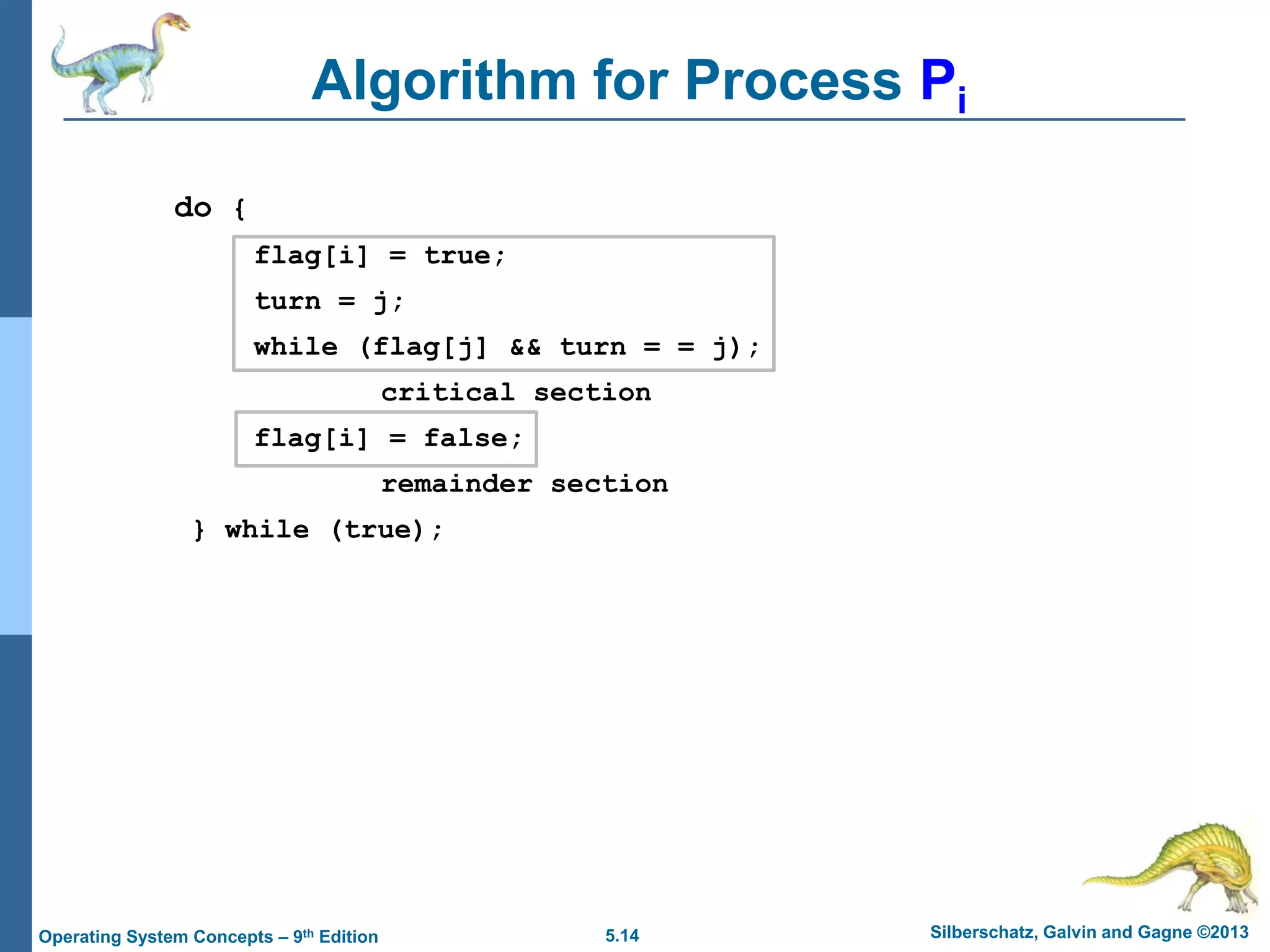 5.14 Silberschatz, Galvin and Gagne ©2013Operating System Concepts – 9th Edition
Algorithm for Process Pi
do {
flag[i] = true;
turn = j;
while (flag[j] && turn = = j);
critical section
flag[i] = false;
remainder section
} while (true);
 