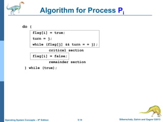 5.14 Silberschatz, Galvin and Gagne ©2013Operating System Concepts – 9th Edition
Algorithm for Process Pi
do {
flag[i] = true;
turn = j;
while (flag[j] && turn = = j);
critical section
flag[i] = false;
remainder section
} while (true);
 