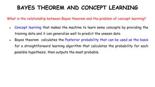 BAYES THEOREM AND CONCEPT LEARNING
What is the relationship between Bayes theorem and the problem of concept learning?
● Concept learning that makes the machine to learn some concepts by providing the
training data and it can generalize well to predict the unseen data
● Bayes theorem calculates the Posterior probability that can be used as the basis
for a straightforward learning algorithm that calculates the probability for each
possible hypothesis, then outputs the most probable.
 