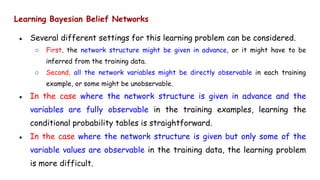 Learning Bayesian Belief Networks
● Several different settings for this learning problem can be considered.
○ First, the network structure might be given in advance, or it might have to be
inferred from the training data.
○ Second, all the network variables might be directly observable in each training
example, or some might be unobservable.
● In the case where the network structure is given in advance and the
variables are fully observable in the training examples, learning the
conditional probability tables is straightforward.
● In the case where the network structure is given but only some of the
variable values are observable in the training data, the learning problem
is more difficult.
 