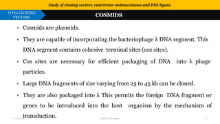 Use or disclosure of data contained on this sheet is subject to the restriction on the title page of this proposal or quotation.
▪ Cosmids are plasmids.
▪ They are capable of incorporating the bacteriophage λ DNA segment. This
DNA segment contains cohesive terminal sites (cos sites).
▪ Cos sites are necessary for efficient packaging of DNA into λ phage
particles.
▪ Large DNA fragments of size varying from 25 to 45 kb can be cloned.
▪ They are also packaged into λ This permits the foreign DNA fragment or
genes to be introduced into the host organism by the mechanism of
transduction.
Study of cloning vectors, restriction endonucleases and DNA ligase.
TYPES CLONING
VECTORS COSMIDS
17-Jan-20 Tushar Morankar 11
 