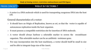 Use or disclosure of data contained on this sheet is subject to the restriction on the title page of this proposal or quotation.
WHAT IS VECTORS?➢ A vector is a DNA molecule which is used for transporting exogenous DNA into the host
cell.
General characteristics of a vector:
➢ It should have an Origin of Replication, known as ori, so that the vector is capable of
autonomous replication inside the host organism.
➢ It must possess a compatible restriction site for insertion of DNA molecule.
➢ A vector should always harbour a selectable marker to screen the recombinant
organism. This selectable marker can be an antibiotic resistance gene.
➢ For easy incorporation into the host machinery, a vector should itself be small in size
and be able to integrate large size of the insert.
Study of cloning vectors, restriction endonucleases and DNA ligase.
PRIOR CONCEPT WHAT IS VECTORS ?
17-Jan-20 Tushar Morankar 2
 