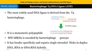 Use or disclosure of data contained on this sheet is subject to the restriction on the title page of this proposal or quotation.
• The most widely used DNA ligase is derived from the T4
bacteriophage.
• It is a monomeric polypeptide
• MW 68KDa is encoded by bacteriophage gene30.
• It has broder specificity and repairs single strended Nicks in duplex
DNA, RNA or DNA:RNA hybrids.
Study of cloning vectors, restriction endonucleases and DNA ligase.
PRIOR CONCEPT Bacteriophage T4 DNA Ligase (ATP)
17-Jan-20 Tushar Morankar 22
 