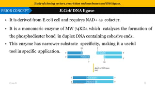 Use or disclosure of data contained on this sheet is subject to the restriction on the title page of this proposal or quotation.
• It is derived from E.coli cell and requires NAD+ as cofacter.
• It is a monomeric enzyme of MW 74KDa which catalyzes the formation of
the phosphodiester bond in duplex DNA containing cohesive ends.
• This enzyme has narrower substrate specificity, making it a useful
tool in specific application.
Study of cloning vectors, restriction endonucleases and DNA ligase.
PRIOR CONCEPT E.Coli DNA ligase
17-Jan-20 Tushar Morankar 23
 