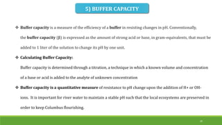 5) BUFFER CAPACITY
 Buffer capacity is a measure of the efficiency of a buffer in resisting changes in pH. Conventionally,
the buffer capacity (β) is expressed as the amount of strong acid or base, in gram-equivalents, that must be
added to 1 liter of the solution to change its pH by one unit.
 Calculating Buffer Capacity:
Buffer capacity is determined through a titration, a technique in which a known volume and concentration
of a base or acid is added to the analyte of unknown concentration
 Buffer capacity is a quantitative measure of resistance to pH change upon the addition of H+ or OH-
ions. It is important for river water to maintain a stable pH such that the local ecosystems are preserved in
order to keep Columbus flourishing.
20
 