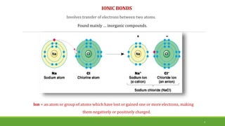 IONIC BONDS
Involves transfer of electrons between two atoms.
4
Found mainly … inorganic compounds.
Ion = an atom or group of atoms which have lost or gained one or more electrons, making
them negatively or positively charged.
 