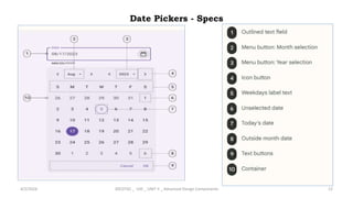 Date Pickers - Specs
4/2/2024 20CDT42 _ UID _ UNIT II _ Advanced Design Components 12
 
