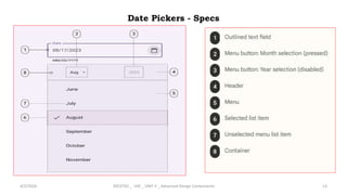 Date Pickers - Specs
4/2/2024 20CDT42 _ UID _ UNIT II _ Advanced Design Components 13
 
