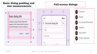Basic dialog padding and
size measurements
4/2/2024 20CDT42 _ UID _ UNIT II _ Advanced Design Components 17
Full-screen dialogs
 