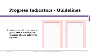 Progress Indicators - Guidelines
♠ Indicate overall progress of a
group. Don’t indicate the
progress of each activity in
a group.
4/2/2024 20CDT42 _ UID _ UNIT II _ Advanced Design Components 52
 