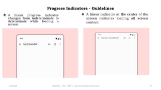 Progress Indicators - Guidelines
♠ A linear progress indicator
changes from indeterminate to
determinate while loading a
screen
4/2/2024 20CDT42 _ UID _ UNIT II _ Advanced Design Components 54
♠ A linear indicator at the center of the
screen indicates loading all screen
content
 