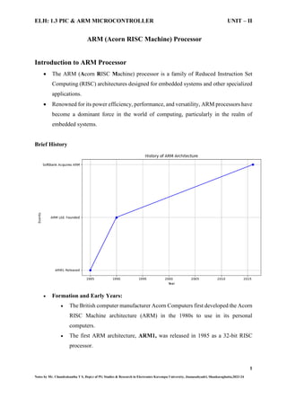 ELH: 1.3 PIC & ARM MICROCONTROLLER UNIT – II
1
Notes by Mr. Chandrakantha T S, Dept.t of PG Studies & Research in Electronics Kuvempu University, Jnanasahyadri, Shankaraghatta,2023-24
ARM (Acorn RISC Machine) Processor
Introduction to ARM Processor
 The ARM (Acorn RISC Machine) processor is a family of Reduced Instruction Set
Computing (RISC) architectures designed for embedded systems and other specialized
applications.
 Renowned for its power efficiency, performance, and versatility, ARM processors have
become a dominant force in the world of computing, particularly in the realm of
embedded systems.
Brief History
 Formation and Early Years:
 The British computer manufacturer Acorn Computers first developed the Acorn
RISC Machine architecture (ARM) in the 1980s to use in its personal
computers.
 The first ARM architecture, ARM1, was released in 1985 as a 32-bit RISC
processor.
 