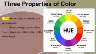 Three Properties of Color
1. Hue  the name or identity of a
certain color.
 red, orange, yellow, blue,
violet, green, and other colors on the
color wheel
 