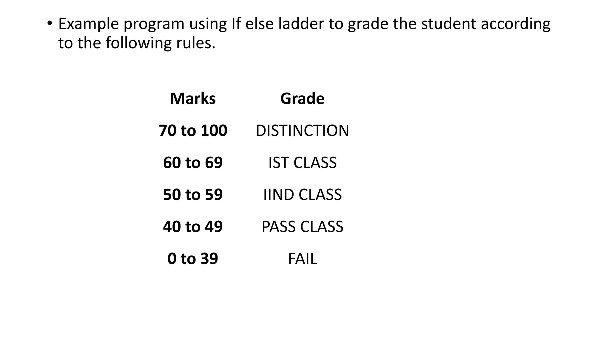 • Example program using If else ladder to grade the student according
to the following rules.
Marks Grade
70 to 100
60 to 69
50 to 59
40 to 49
0 to 39
DISTINCTION
IST CLASS
IIND CLASS
PASS CLASS
FAIL
 
