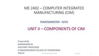 ME 2402 – COMPUTER INTEGRATED
MANUFACTURING (CIM)
YEAR/SEMESTER : IV/VII
UNIT II – COMPONENTS OF CIM
Prepared By
MANIMARAN.M
ASSISTANT PROFESSOR
K.RAMAKRISHNAN COLLEGE OF ENGINEERING
TRICHY 1/25/2016 1M.MANIMARAN KRCE TRICHY
 