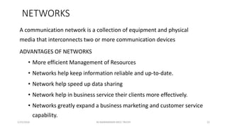 NETWORKS
A communication network is a collection of equipment and physical
media that interconnects two or more communication devices
ADVANTAGES OF NETWORKS
• More efficient Management of Resources
• Networks help keep information reliable and up-to-date.
• Network help speed up data sharing
• Network help in business service their clients more effectively.
• Networks greatly expand a business marketing and customer service
capability.
1/25/2016 22M.MANIMARAN KRCE TRICHY
 