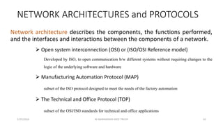 NETWORK ARCHITECTURES and PROTOCOLS
Network architecture describes the components, the functions performed,
and the interfaces and interactions between the components of a network.
 Open system interconnection (OSI) or (ISO/OSI Reference model)
Developed by ISO, to open communication b/w different systems without requiring changes to the
logic of the underlying software and hardware
 Manufacturing Automation Protocol (MAP)
subset of the ISO protocol designed to meet the needs of the factory automation
 The Technical and Office Protocol (TOP)
subset of the OSI/ISO standards for technical and office applications
1/25/2016 42M.MANIMARAN KRCE TRICHY
 