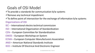 Goals of OSI Model
To provide a standards for communication b/w systems
Remove any technical impediment
To define point of intersection for the exchange of information b/w systems
Organizations of OSI
IEC – International electro technical commission
ISO – International Organization of Standardization
CEN – European Committee for Standardization
EWOS – European Workshop on System
ECMA – European Computer Manufacturers Association
ANSI – American National Standards Institute
IEEE – Institute Of Electrical And Electronic Engineer
1/25/2016 47M.MANIMARAN KRCE TRICHY
 