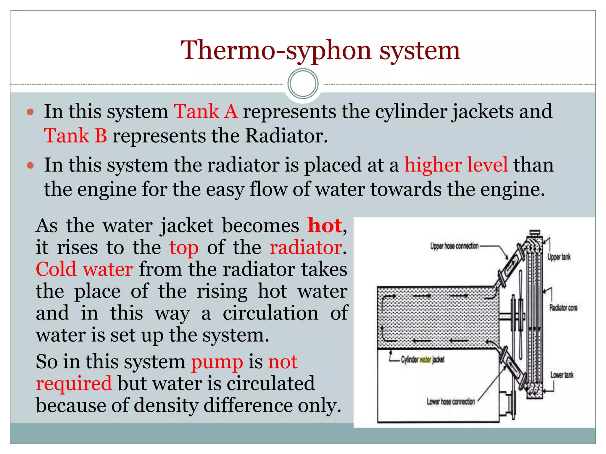 Thermo-syphon system
 In this system Tank A represents the cylinder jackets and
Tank B represents the Radiator.
 In this system the radiator is placed at a higher level than
the engine for the easy flow of water towards the engine.
As the water jacket becomes hot,
it rises to the top of the radiator.
Cold water from the radiator takes
the place of the rising hot water
and in this way a circulation of
water is set up the system.
So in this system pump is not
required but water is circulated
because of density difference only.
 