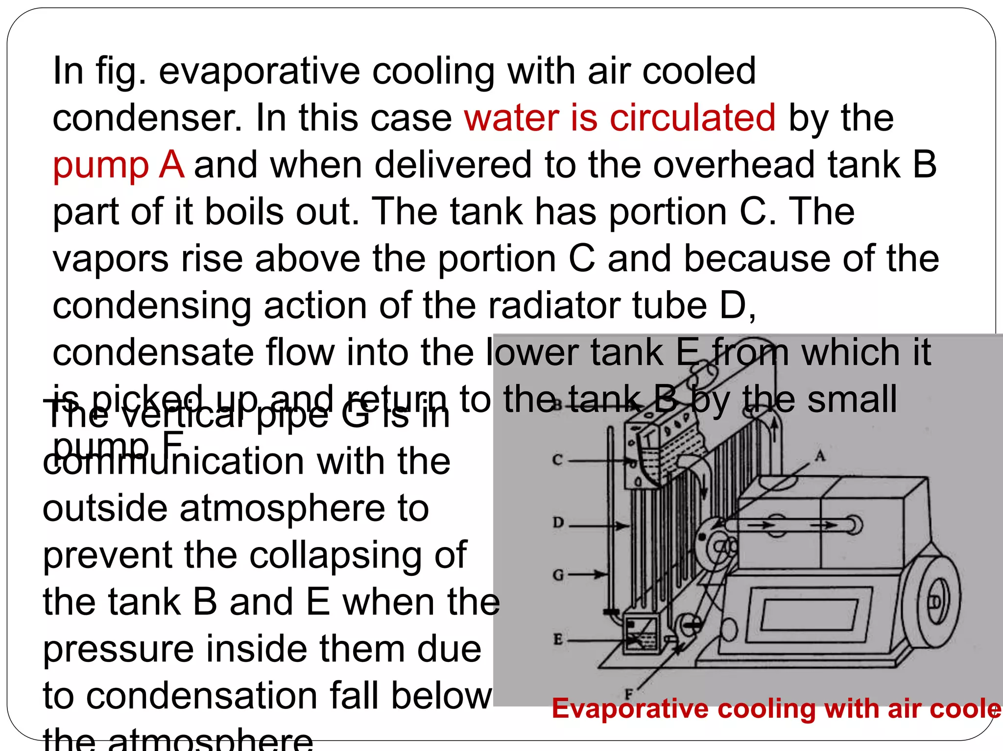 In fig. evaporative cooling with air cooled
condenser. In this case water is circulated by the
pump A and when delivered to the overhead tank B
part of it boils out. The tank has portion C. The
vapors rise above the portion C and because of the
condensing action of the radiator tube D,
condensate flow into the lower tank E from which it
is picked up and return to the tank B by the small
pump F.
The vertical pipe G is in
communication with the
outside atmosphere to
prevent the collapsing of
the tank B and E when the
pressure inside them due
to condensation fall below Evaporative cooling with air cooled
 