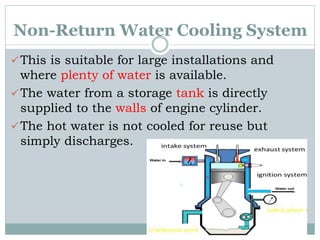 Non-Return Water Cooling System
This is suitable for large installations and
where plenty of water is available.
The water from a storage tank is directly
supplied to the walls of engine cylinder.
The hot water is not cooled for reuse but
simply discharges.
 