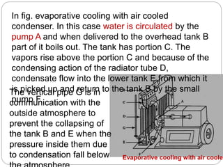 In fig. evaporative cooling with air cooled
condenser. In this case water is circulated by the
pump A and when delivered to the overhead tank B
part of it boils out. The tank has portion C. The
vapors rise above the portion C and because of the
condensing action of the radiator tube D,
condensate flow into the lower tank E from which it
is picked up and return to the tank B by the small
pump F.
The vertical pipe G is in
communication with the
outside atmosphere to
prevent the collapsing of
the tank B and E when the
pressure inside them due
to condensation fall below Evaporative cooling with air cooled
 