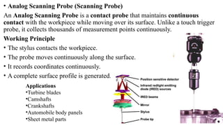 • Analog Scanning Probe (Scanning Probe)
An Analog Scanning Probe is a contact probe that maintains continuous
contact with the workpiece while moving over its surface. Unlike a touch trigger
probe, it collects thousands of measurement points continuously.
Working Principle
• The stylus contacts the workpiece.
• The probe moves continuously along the surface.
• It records coordinates continuously.
• A complete surface profile is generated.
Applications
•Turbine blades
•Camshafts
•Crankshafts
•Automobile body panels
•Sheet metal parts
 