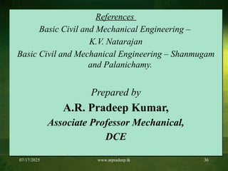 07/17/2025 www.arpradeep.tk 36
References
Basic Civil and Mechanical Engineering –
K.V. Natarajan
Basic Civil and Mechanical Engineering – Shanmugam
and Palanichamy.
Prepared by
A.R. Pradeep Kumar,
Associate Professor Mechanical,
DCE
 