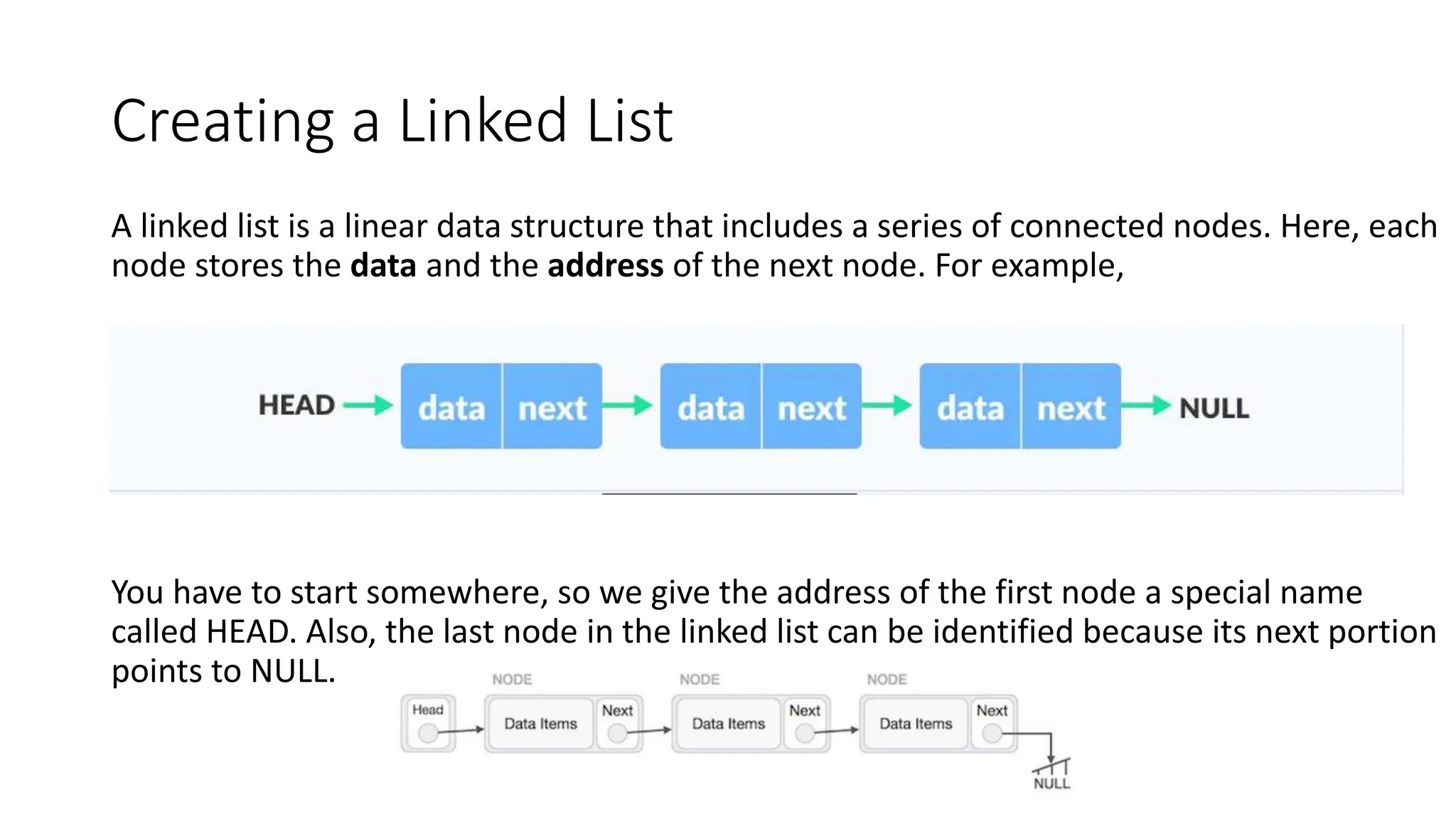 Creating a Linked List
A linked list is a linear data structure that includes a series of connected nodes. Here, each
node stores the data and the address of the next node. For example,
You have to start somewhere, so we give the address of the first node a special name
called HEAD. Also, the last node in the linked list can be identified because its next portion
points to NULL.
 