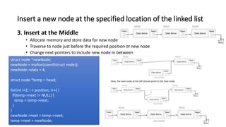 Insert a new node at the specified location of the linked list
3. Insert at the Middle
• Allocate memory and store data for new node
• Traverse to node just before the required position of new node
• Change next pointers to include new node in between
struct node *newNode;
newNode = malloc(sizeof(struct node));
newNode->data = 4;
struct node *temp = head;
for(int i=2; i < position; i++) {
if(temp->next != NULL) {
temp = temp->next;
}
}
newNode->next = temp->next;
temp->next = newNode;
 