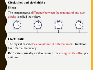 Clock skew and clock drift :
Skew:
The instantaneous difference between the readings of any two
clocks is called their skew.
Clock Drift:
The crystal based clock count time at different rates. Oscillator
has different frequency.
Drift rate is usually used to measure the change in the offset per
unit time .
.
 