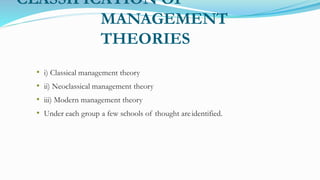 CLASSIFICATION OF
MANAGEMENT
THEORIES
• i) Classical management theory
• ii) Neoclassical management theory
• iii) Modern management theory
• Under each group a few schools of thought areidentified.
 