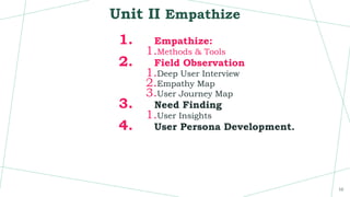 Unit II Empathize
1. Empathize:
1.Methods & Tools
2. Field Observation
1.Deep User Interview
2.Empathy Map
3.User Journey Map
3. Need Finding
1.User Insights
4. User Persona Development.
10
 