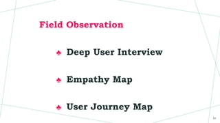 Field Observation
♣ Deep User Interview
♣ Empathy Map
♣ User Journey Map
18
 