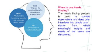 37
When to use Needs
Finding?
The needs finding process
is used to convert
observations and deep user
interviews into usable data
cluster from which
meaningful insights and
needs of the users are
discovered.
 